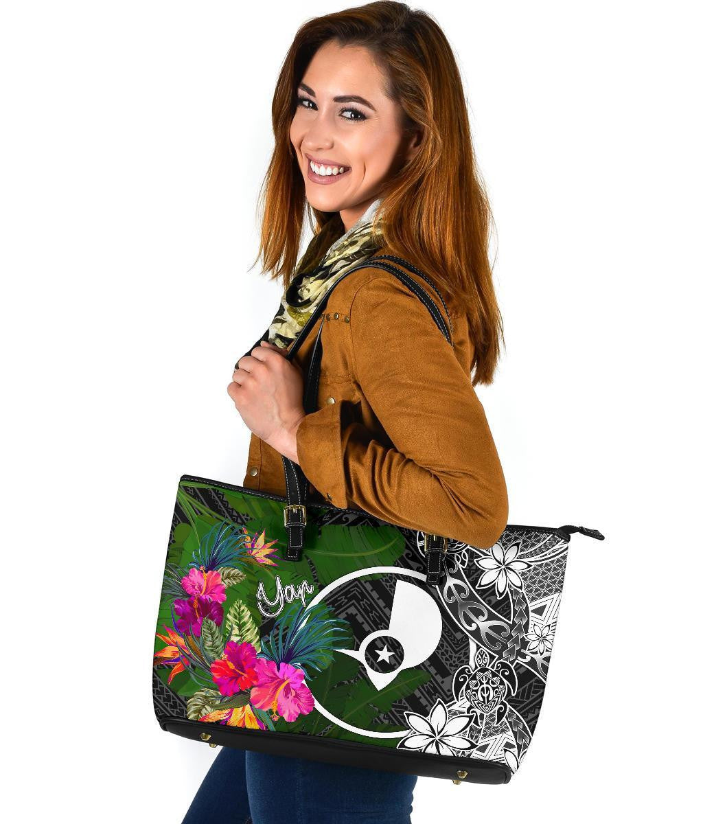 Yap Leather Tote Bag Turtle Plumeria Banana Leaf