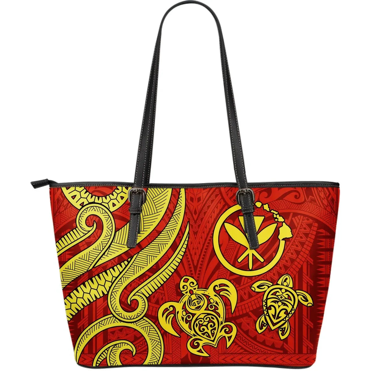 Polynesian Hawaii Kanaka Maoli Leather Tote Bag Red Tentacle Turtle