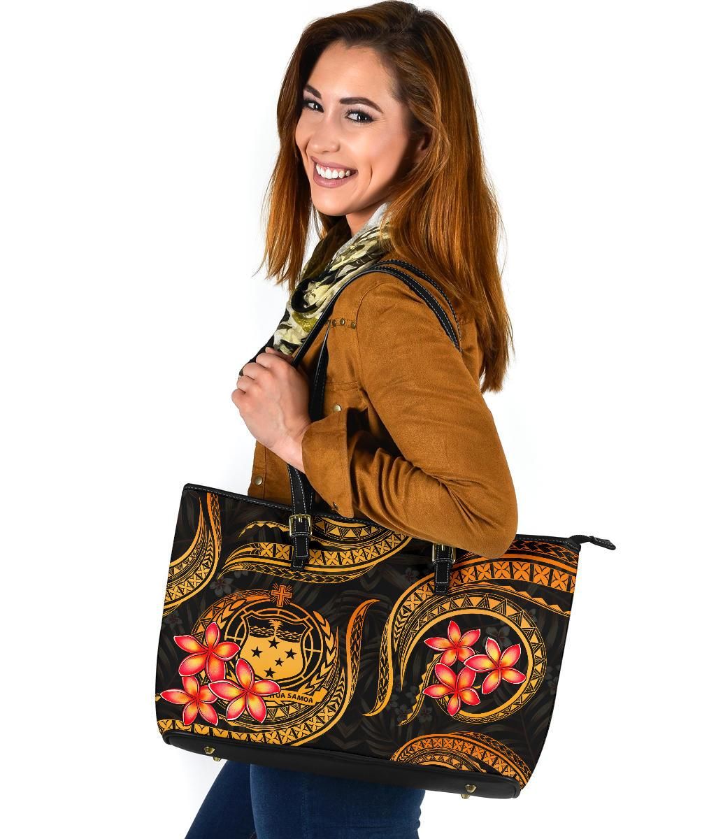 Samoa Polynesian Leather Tote Bag Gold Plumeria