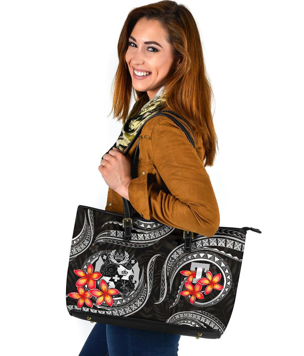 Tonga Polynesian Leather Tote Bag White Plumeria