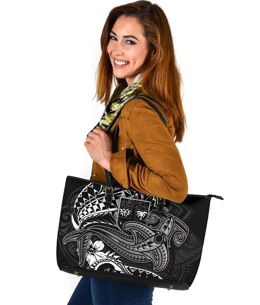 Fiji Leather Tote Bag White Shark Polynesian Tattoo