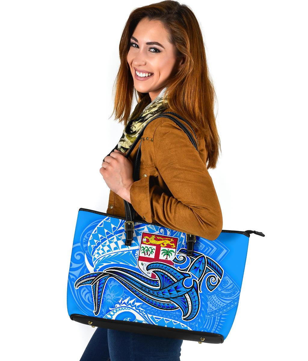 Fiji Leather Tote Bag Blue Shark Polynesian Tattoo