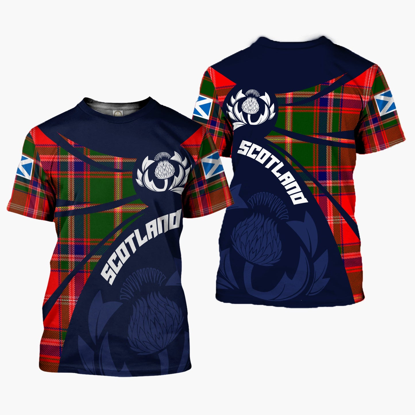 Printivon Thistle Flowers and Scottish Tartan Somerville Family Custom Tee Shirt