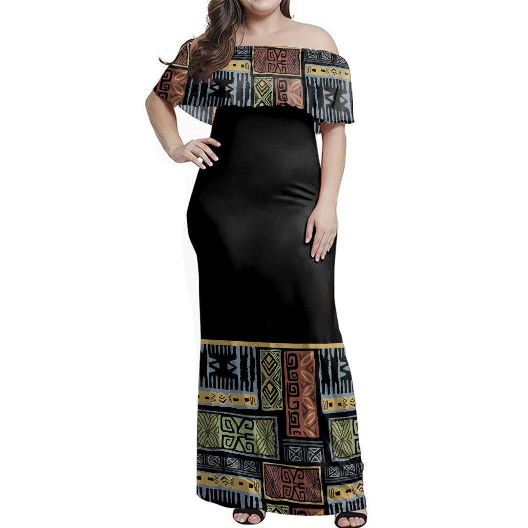 NE Fiji Bula Dress Colorful Tapa Off Shoulder Long Dress