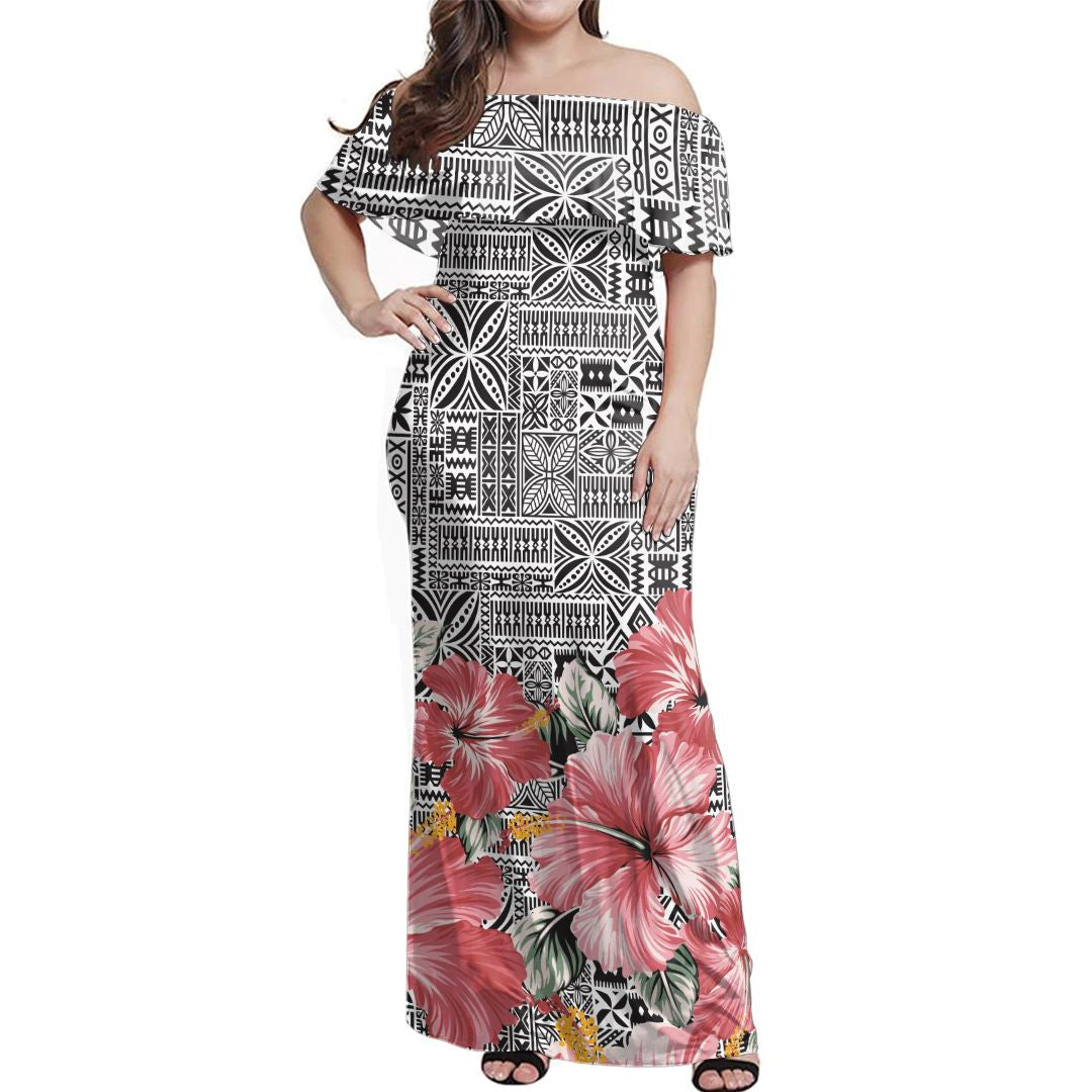 NE Fiji Bula Dress Pink Hibiscus Off Shoulder Long Dress