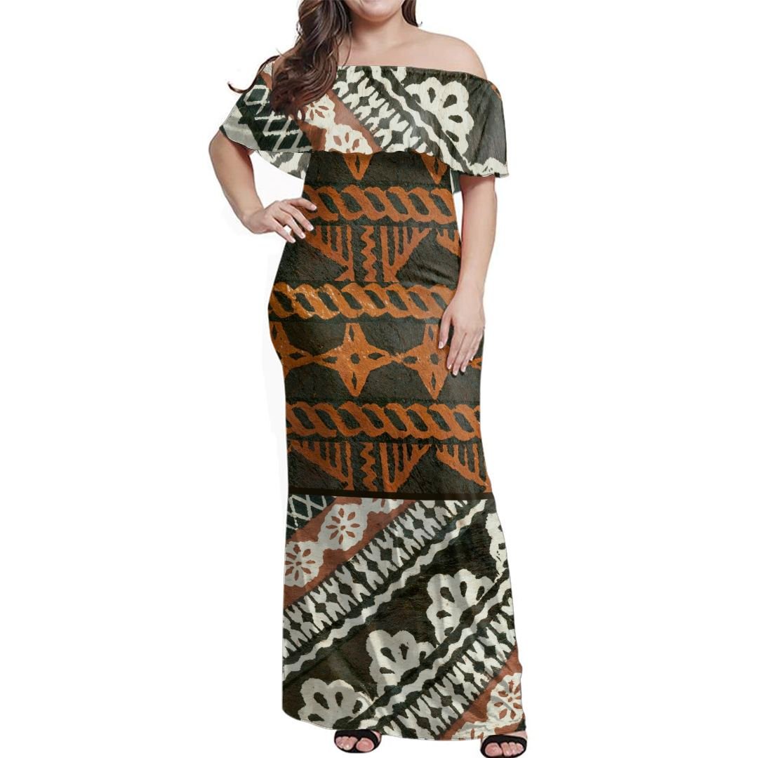 NE Fiji Bula Dress Masi Tapa Off Shoulder Long Dress