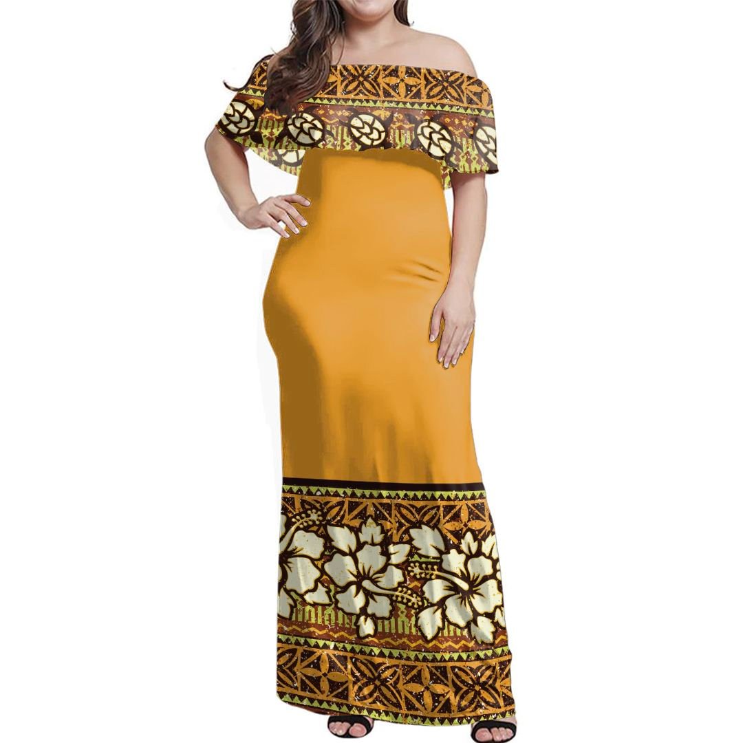 NE Fiji Bula Dress Tapa Turtles And Hibiscus Off Shoulder Long Dress
