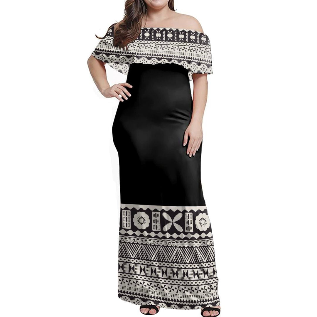 NE Fiji Bula Dress Fiji Tapa Tribal Off Shoulder Long Dress