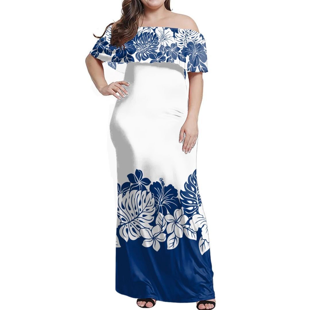 Polynesian Pride Dress Tropical Blue Line Off Shoulder Long Dress