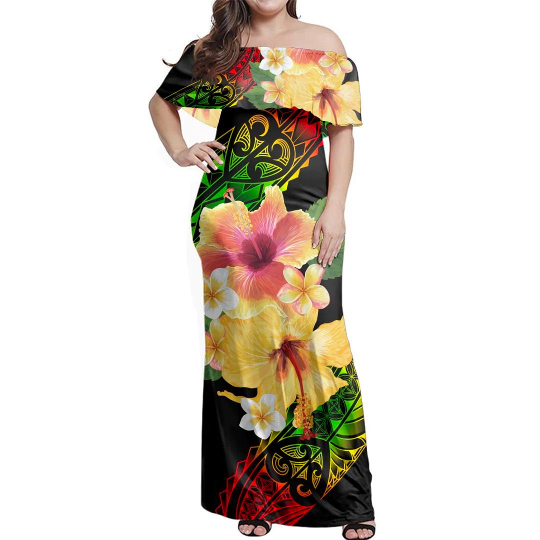 Polynesian Pride Dress Gradient Tribal Hibiscus Plumeria Off Shoulder Long Dress