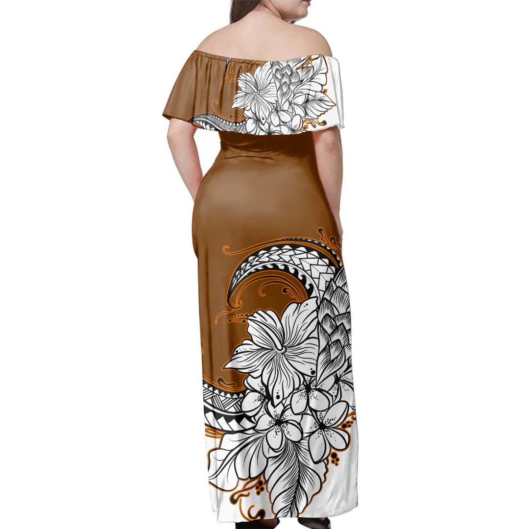 Polynesian Pride Dress Hibiscus Plumeria Polynesian Brown Off Shoulder Long Dress
