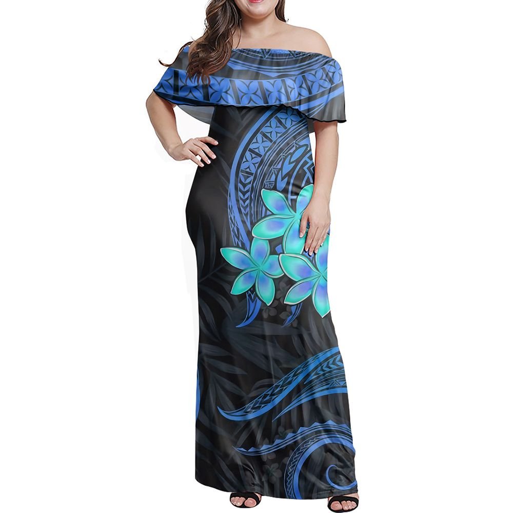 Polynesian Pride Dress Samoa Siapo Coat Of Arms Blue Off Shoulder Long Dress