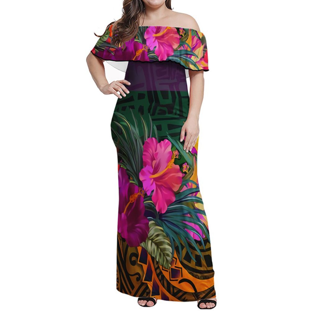 Polynesian Pride Dress Tropical Hibiscus Polynesian Off Shoulder Long Dress