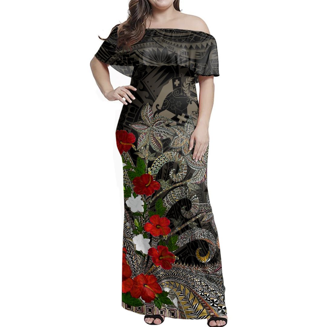Polynesian Pride Dress Tonga Hibiscus Tapa Kupesi Off Shoulder Long Dress