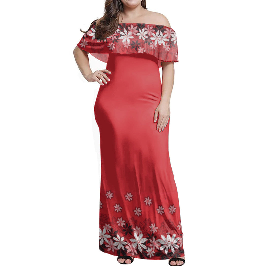Polynesian Pride Dress Samoan Red Tropical Flowers Off Shoulder Long Dress