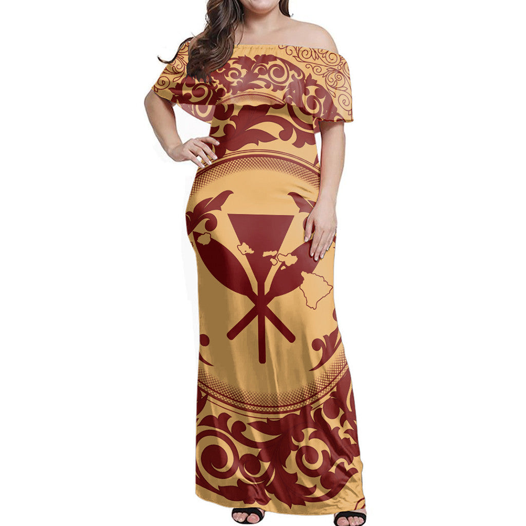 Polynesian Pride Dress Hawaii Map Classic Floral Red Off Shoulder Long Dress