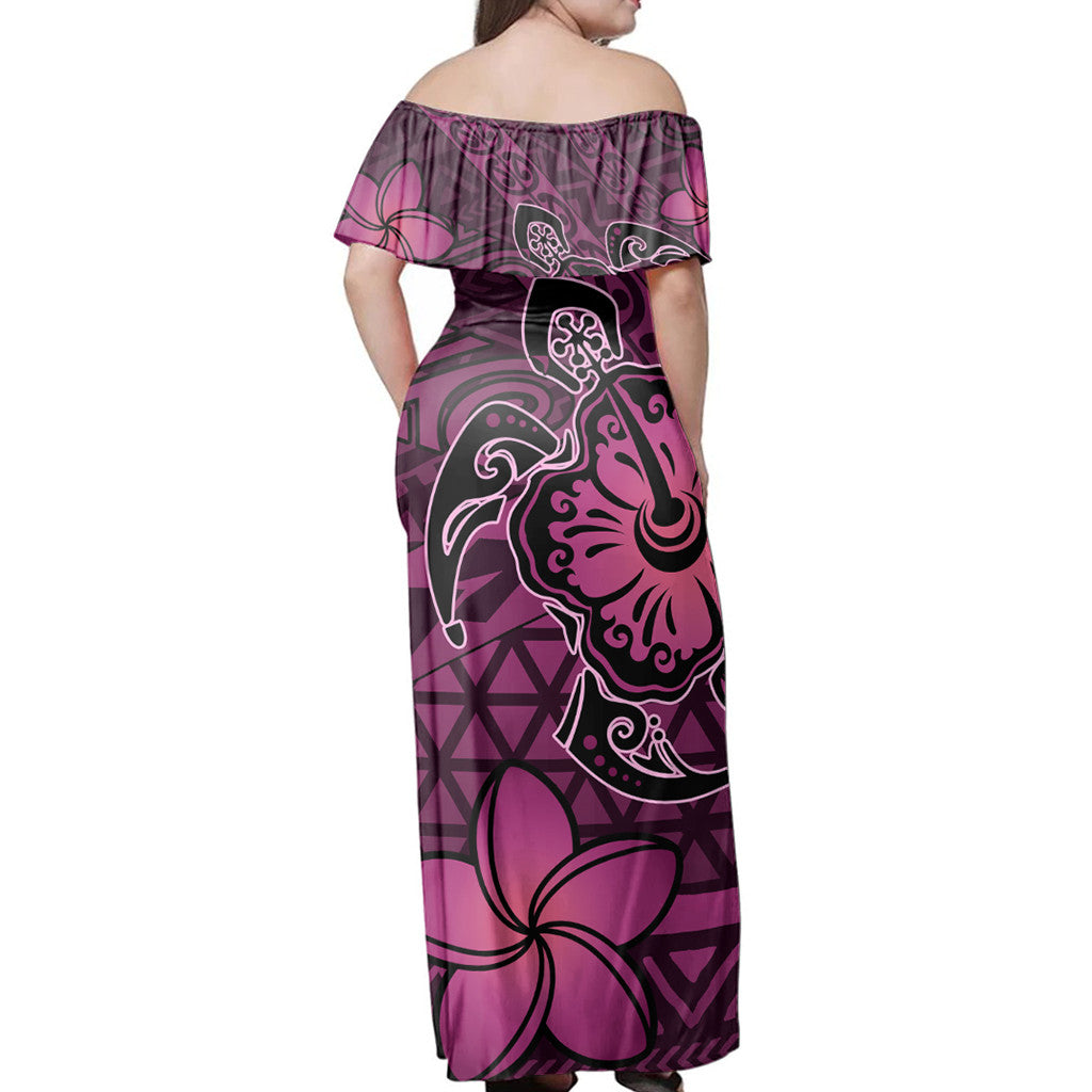Polynesian Pride Dress Hawaii Mix Polynesian Turtle Plumeria Nick Style Pink Off Shoulder Long Dress