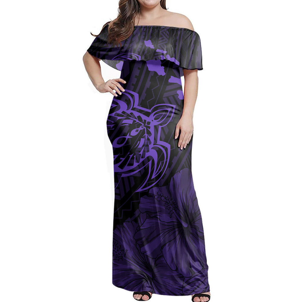 Polynesian Pride Dress Hawaiian Hibiscus Sea Turtle Swim Polynesian Purple Off Shoulder Long Dress