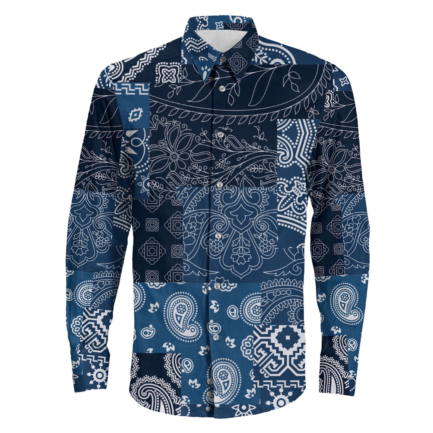 Shirt Blue Paisley Bandana Kerchief Fabric Patchwork Long Sleeve Button Shirt