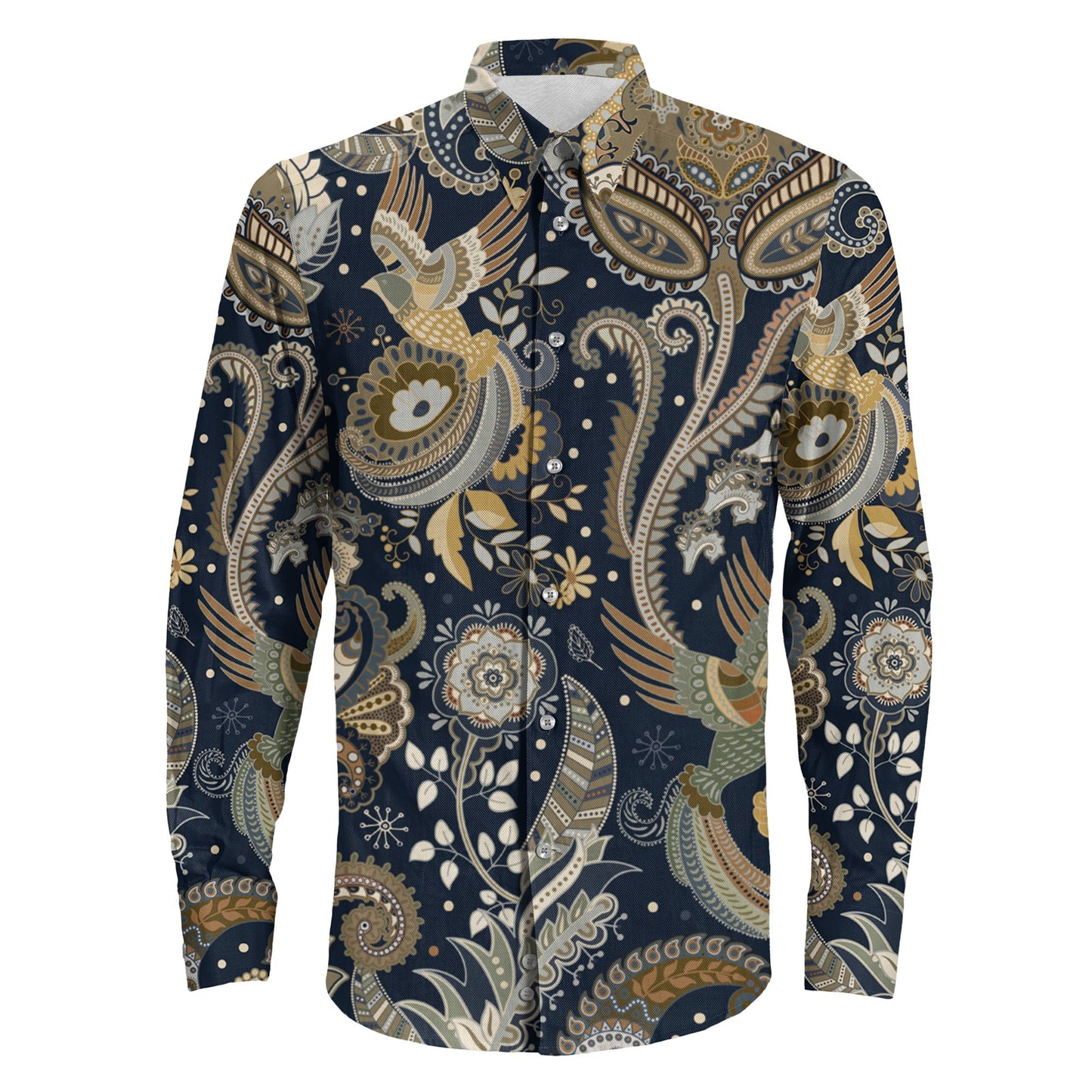 Shirt Paisley Pattern Decorative Elements And Birds Long Sleeve Button Shirt