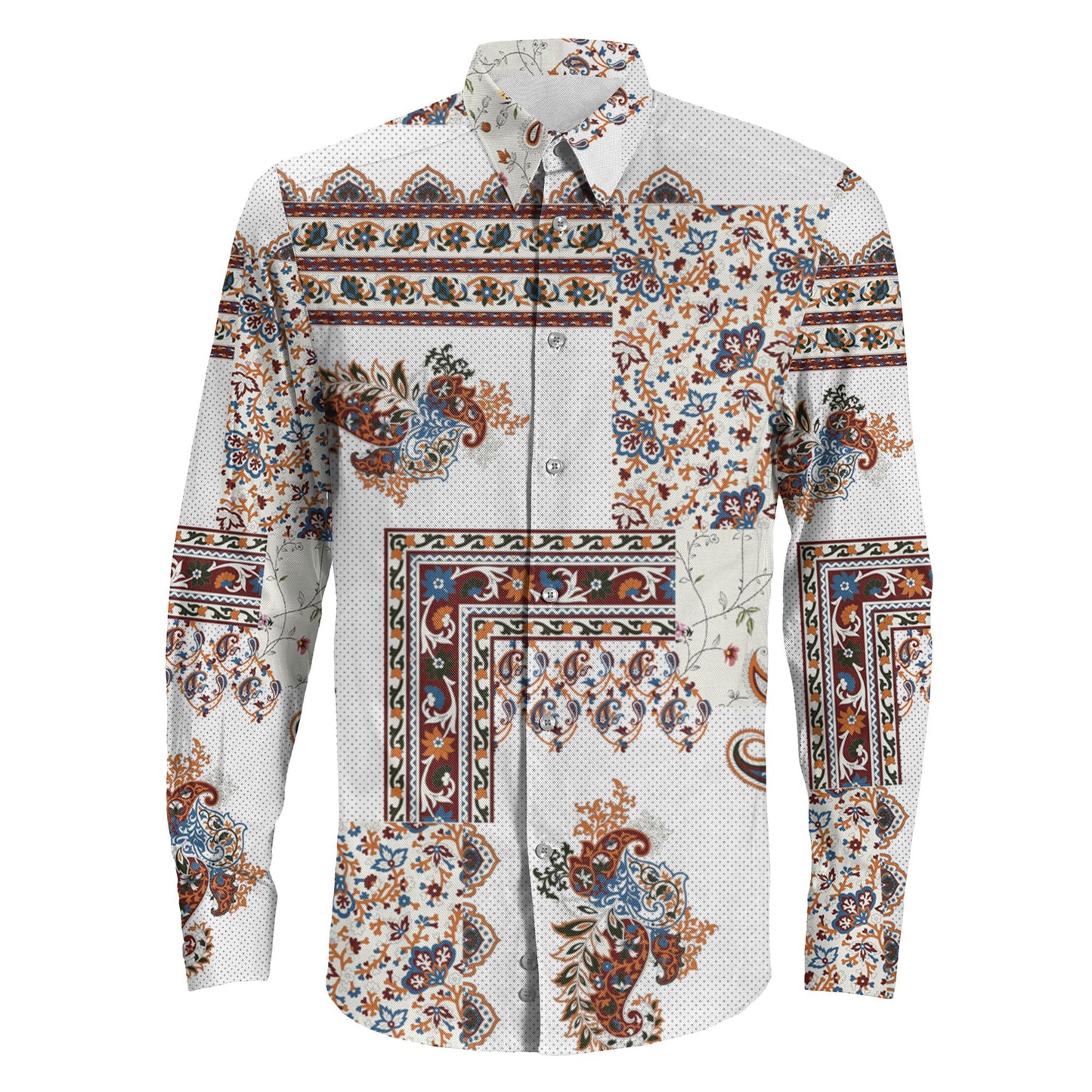 Shirt Patchwork Paisley Border Pattern Long Sleeve Button Shirt