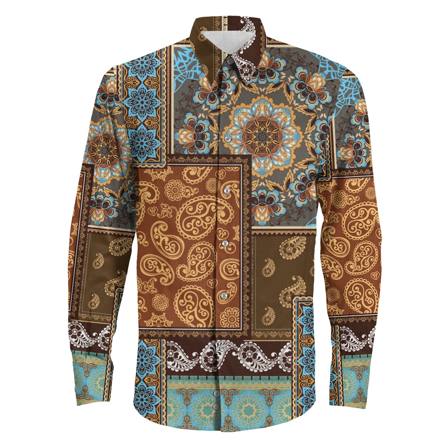 Shirt Patchwork Paisley And Border Pattern Long Sleeve Button Shirt