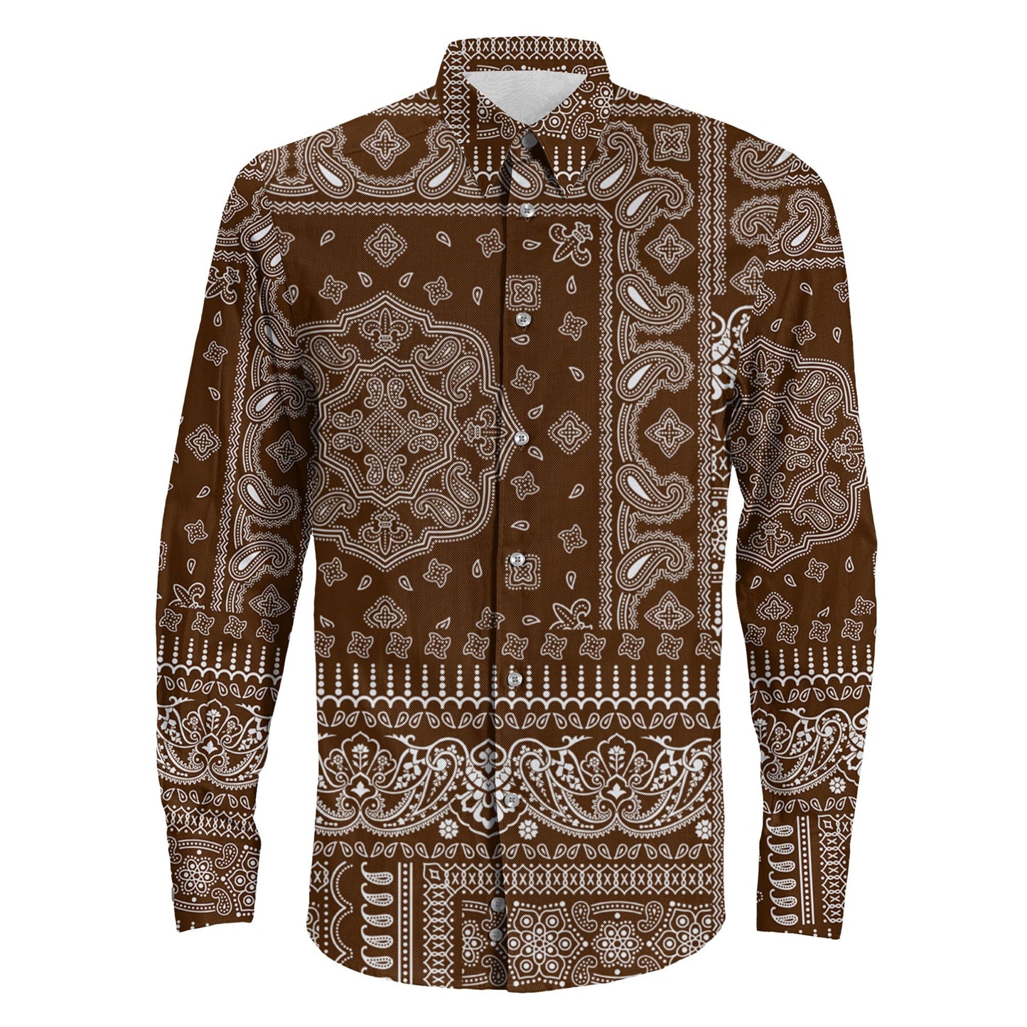 Shirt Paisley Bandana Fabric Patchwork Brown Long Sleeve Button Shirt