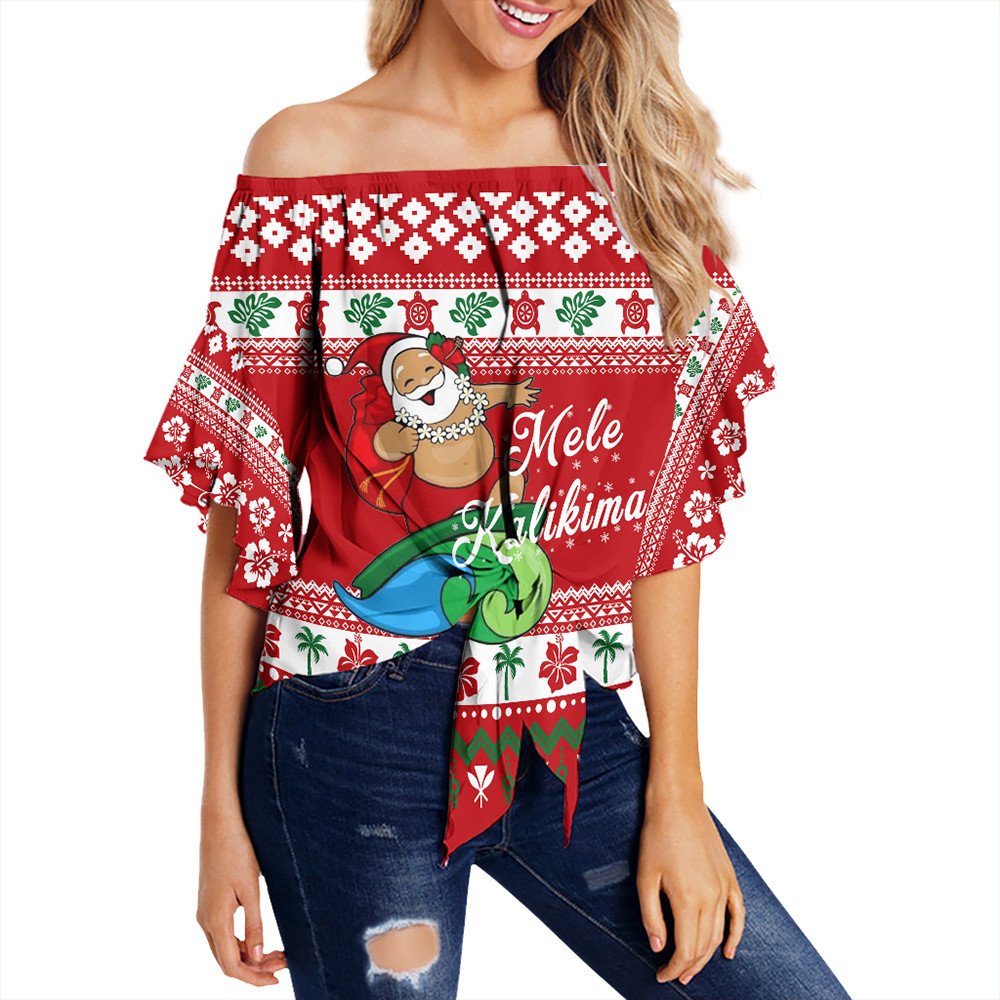 Hawaii Clothing - Mele Kalikimaka Hawaii Christmas Off Shoulder Wrap Waist Top