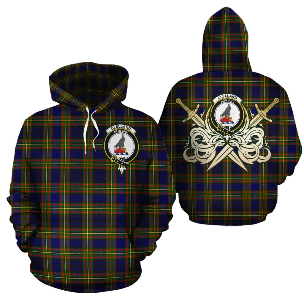 Printivon Clelland Modern Clan Crest Tartan Scottish Gold Thistle Hoodie