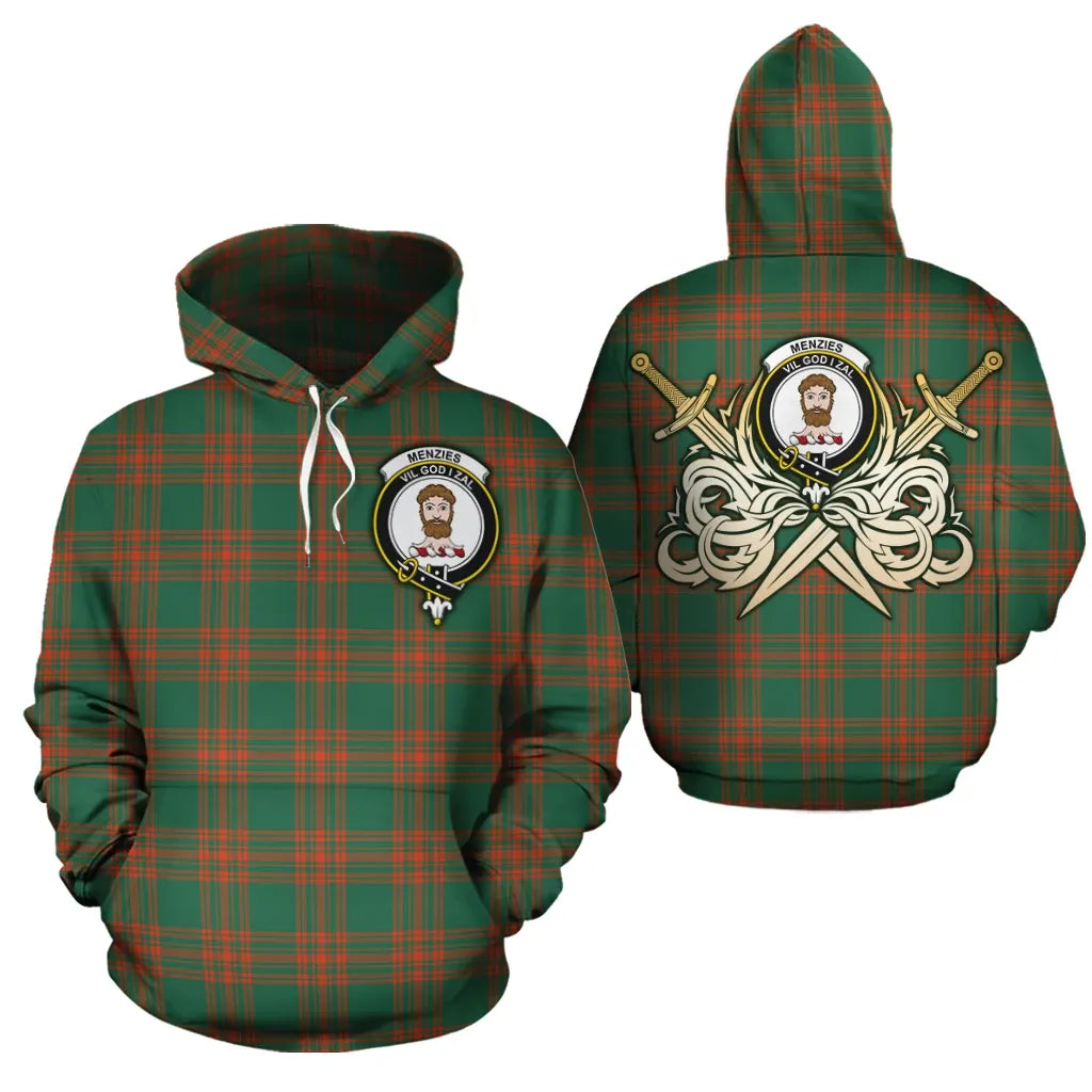 Printivon Menzies Green Ancient Clan Crest Tartan Scottish Gold Thistle Hoodie