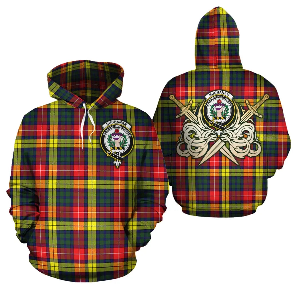 Printivon Buchanan Modern Clan Crest Tartan Scottish Gold Thistle Hoodie
