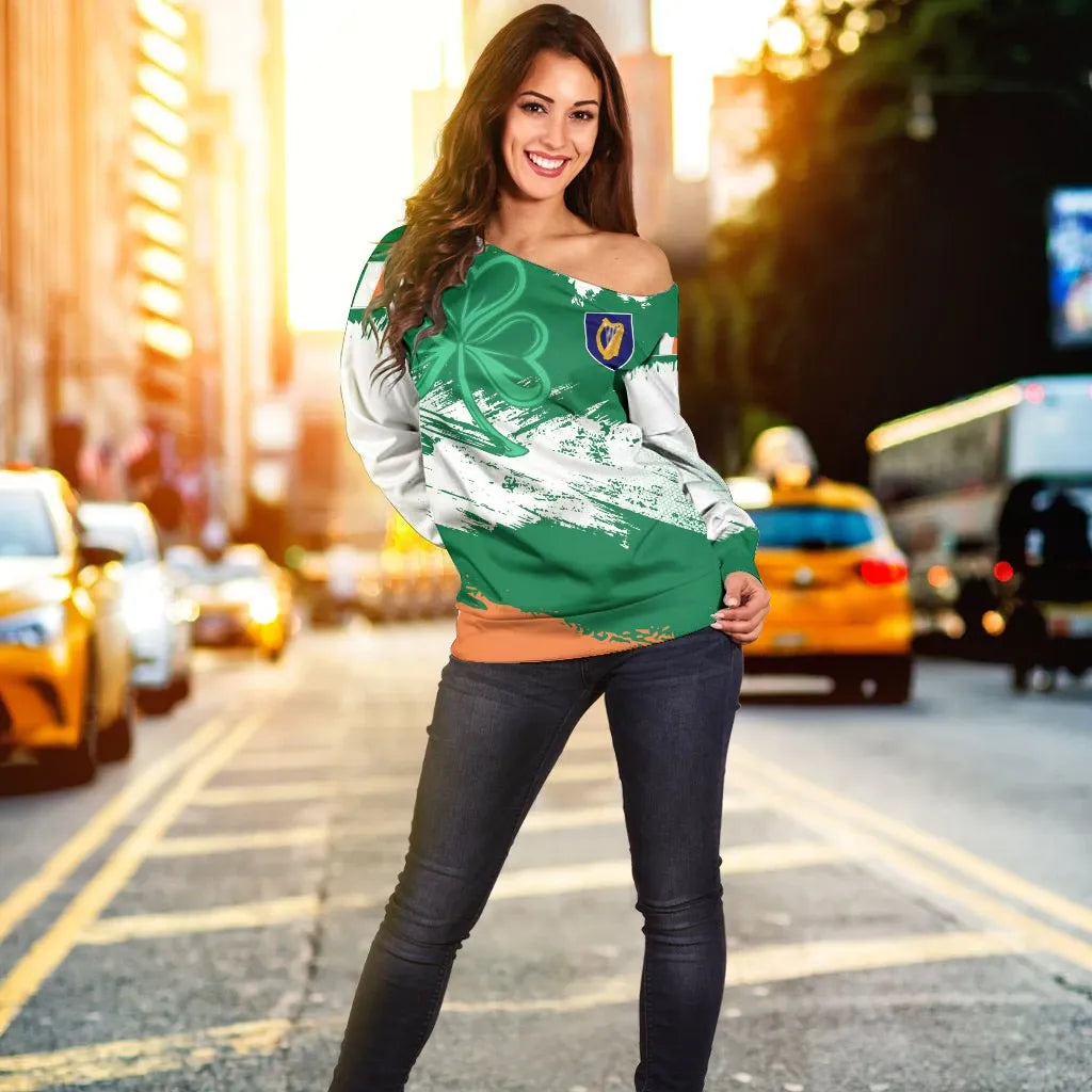Ireland Off Shoulder Sweater Ireland Flag Brush
