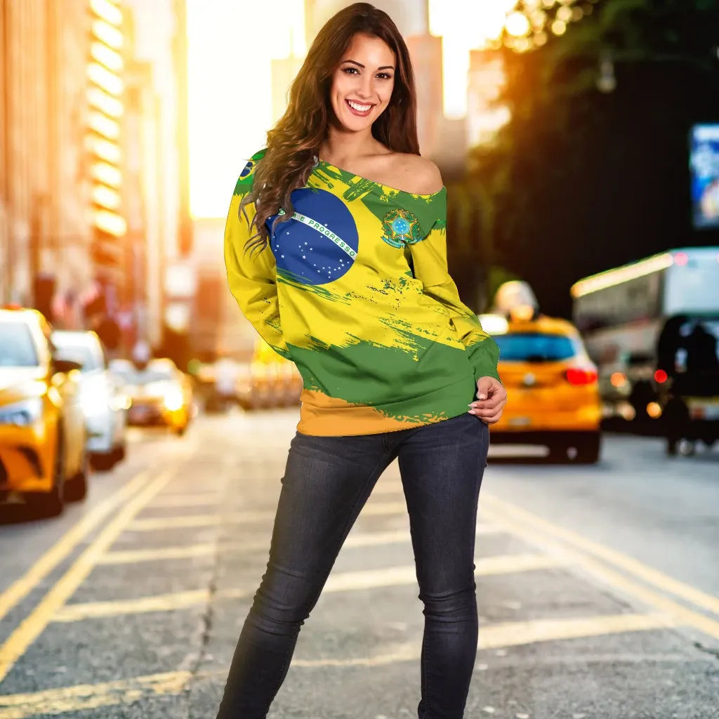 Brazil Off Shoulder Sweater Brazil Flag Brush