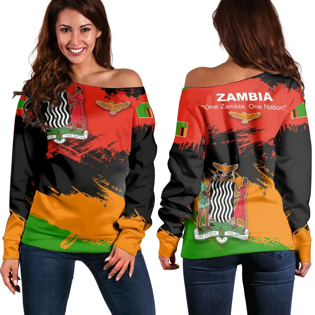 Zambia Off Shoulder Sweater Zambia Flag Brush