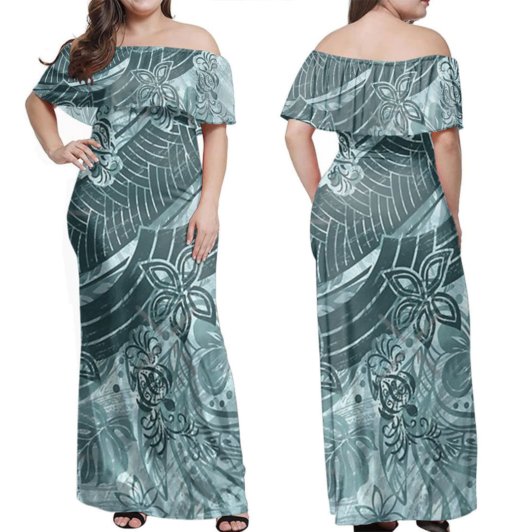Polynesian Dress Polynesian Painted Ocean Blue Off Shoulder Long Dress