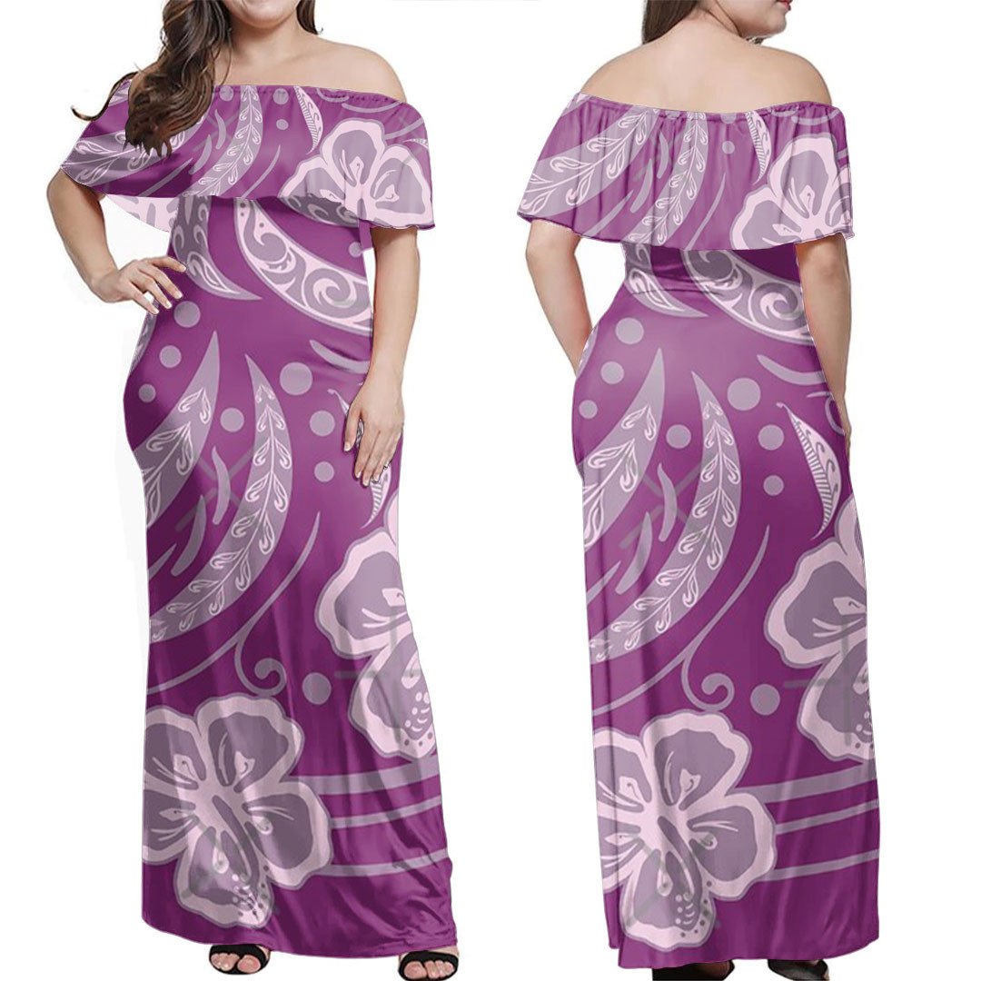 Polynesian Dress Pink Hues Polynesian Floral Off Shoulder Long Dress