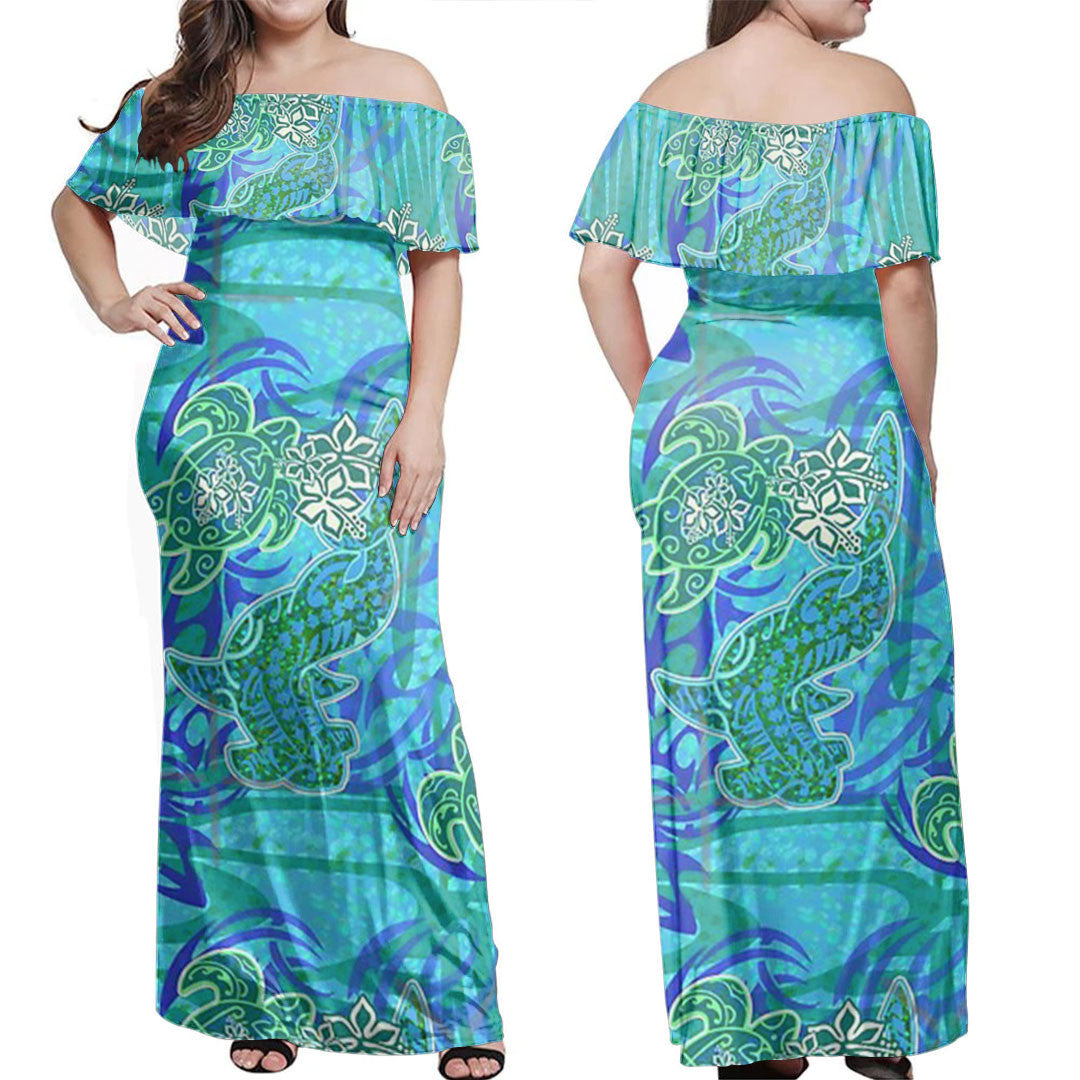 Polynesian Dress Retro Blue Polynesian Tribal Turtle And Shark Pattern Off Shoulder Long Dress