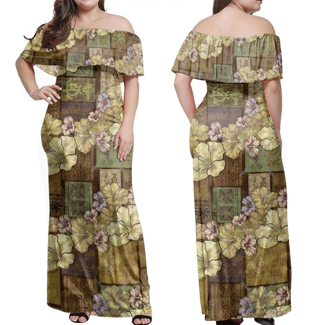 Polynesian Dress Golden Samoan Mana Malu Tapa Off Shoulder Long Dress