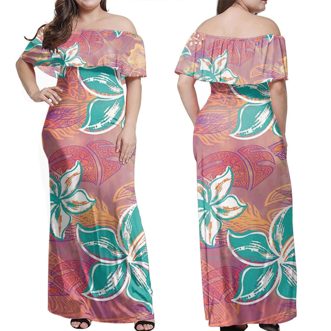 Polynesian Dress Watercolor Hibiscus Jungle Print Off Shoulder Long Dress