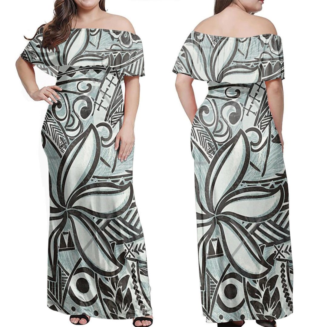 Polynesian Dress Ocean Spray Print Off Shoulder Long Dress
