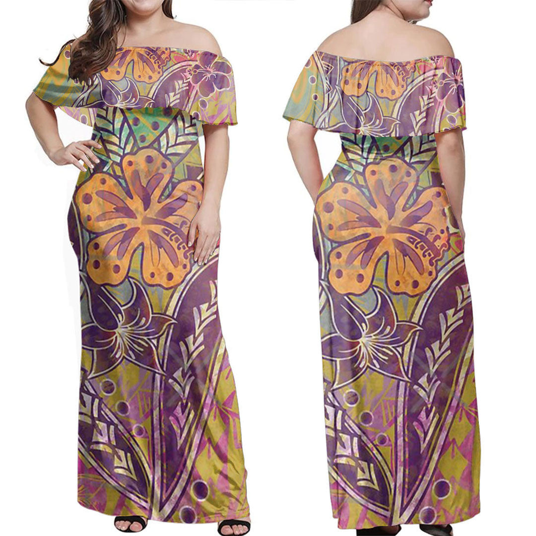 Polynesian Dress Hibiscus Floral Tribal Watercolor Off Shoulder Long Dress