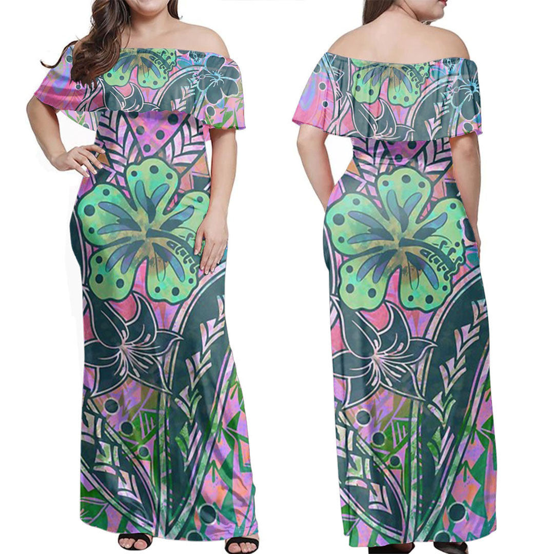Polynesian Dress Hibiscus Watercolor Tribal Floral Off Shoulder Long Dress