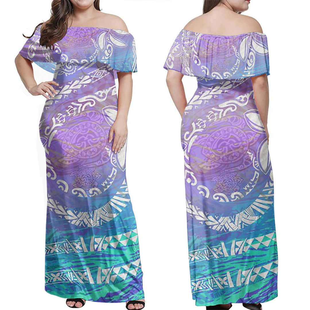 Polynesian Dress Polynesian Tribal Blue Ocean Off Shoulder Long Dress