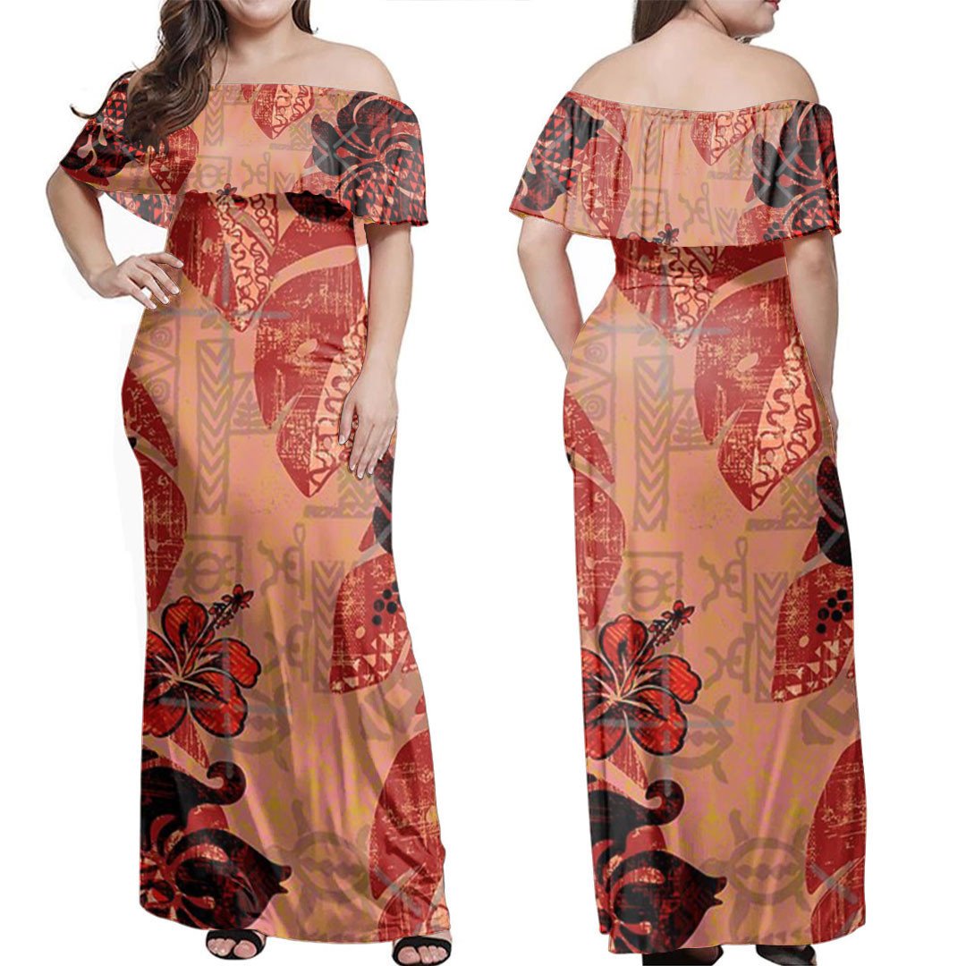 Polynesian Dress On Fire Kona Tropical Floral Off Shoulder Long Dress