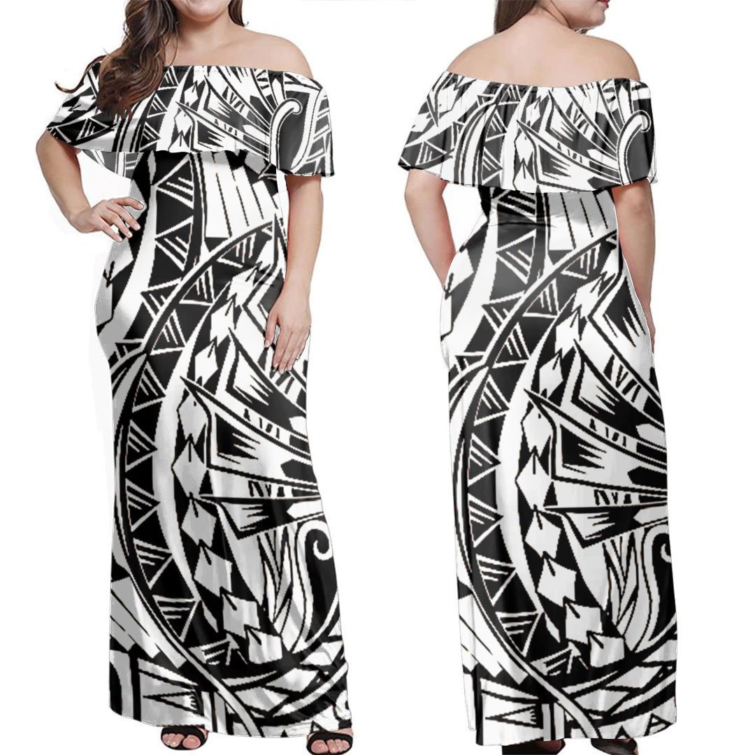Polynesian Dress Polynesian Charcoal Tribal Tattoos Off Shoulder Long Dress