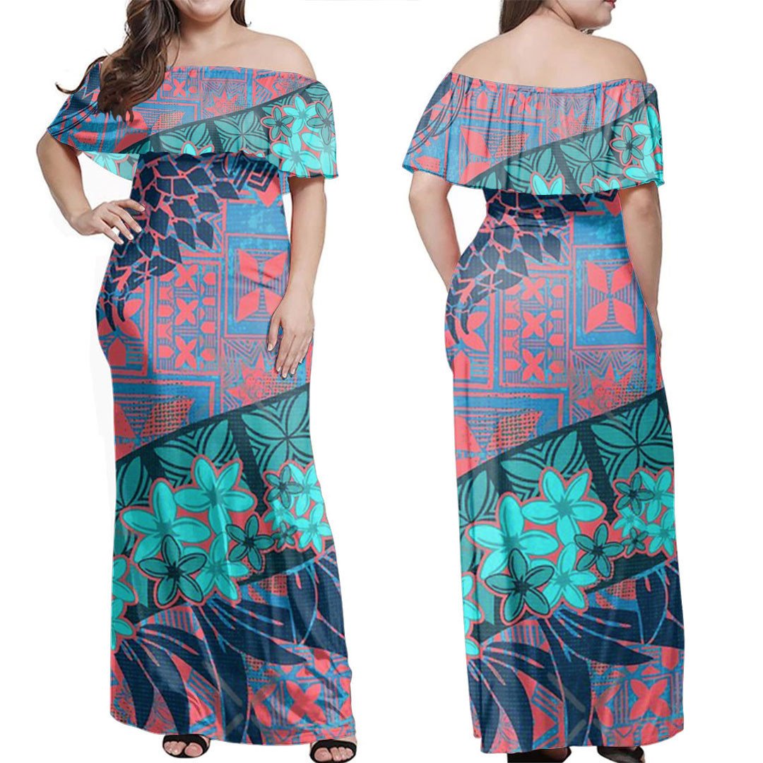 Polynesian Dress Vintage Tribal Tapa Off Shoulder Long Dress