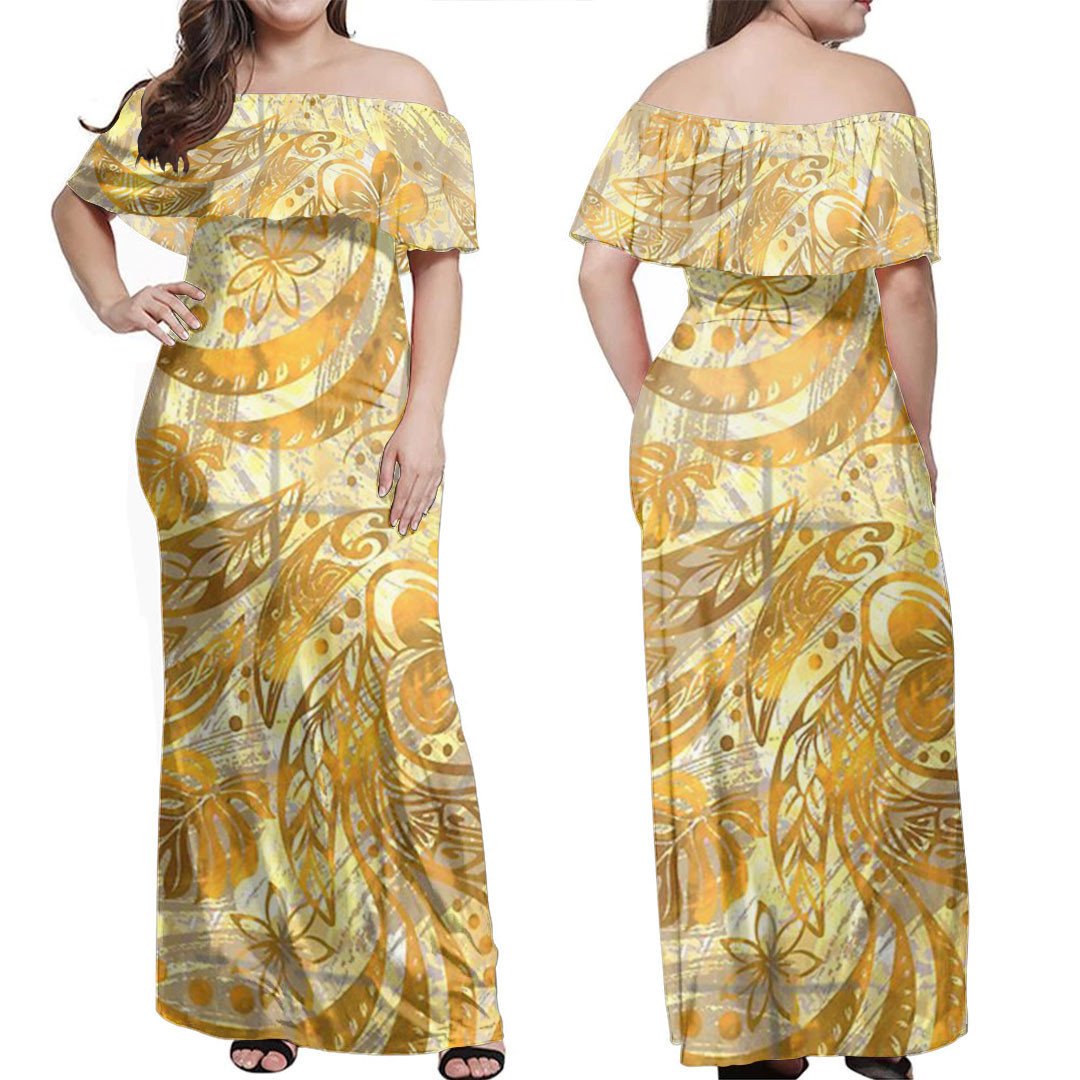 Polynesian Dress Polynesian Painted Golden Off Shoulder Long Dress