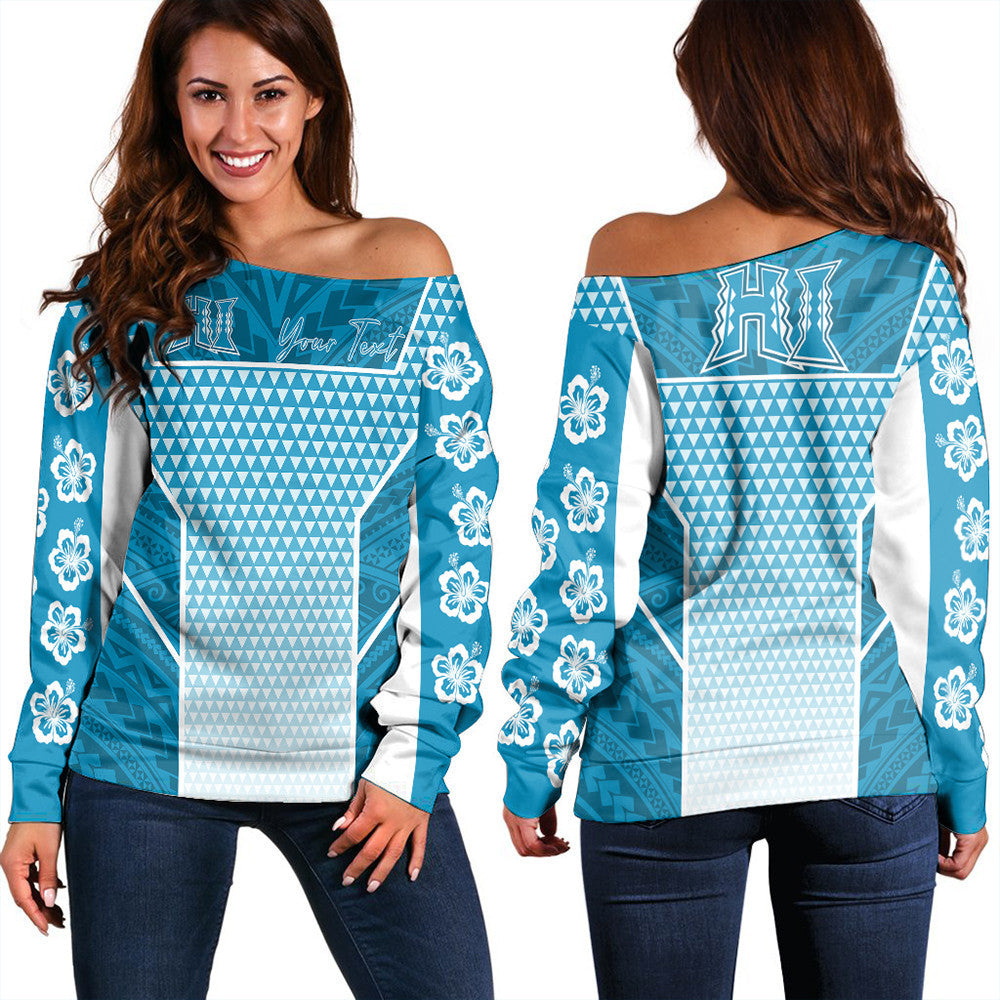 Polynesian Sweatshirt Personalized Kakau Hawaii Polynesian Blue Gradient Women Off Shoulder