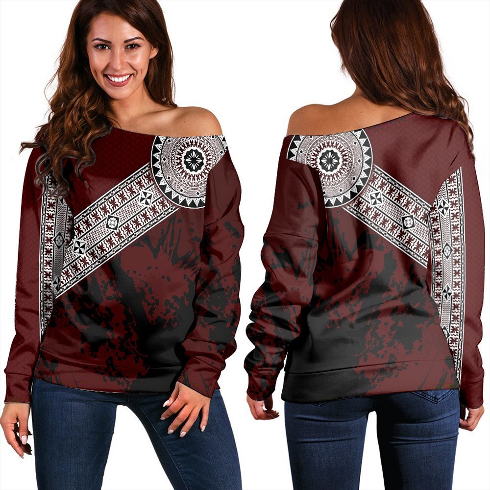 Polynesian Sweatshirt Fiji Masa Paint Style Women Off Shoulder