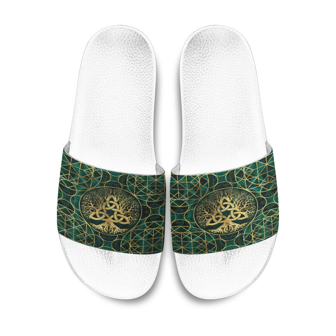 Slide Sandals Tree of Life with Triquetra Malachite and Gold Slide Sandals